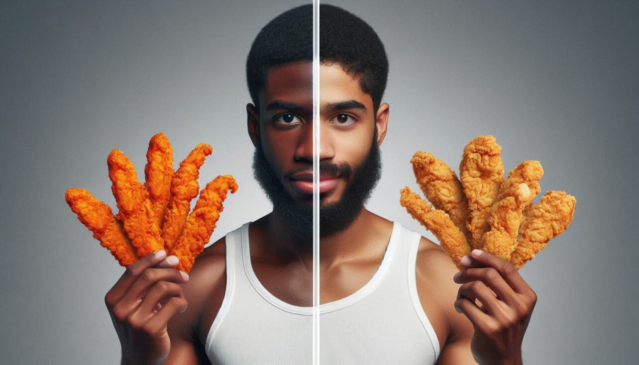 Side-by-side comparison of chicken strips and chicken tenders, illustrating their size and texture differences.