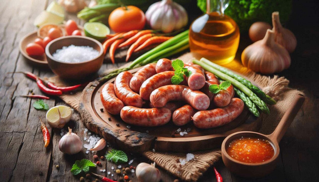 Traditional Sai Uwa sausages from Northern Thailand, cooked with herbs and spices.