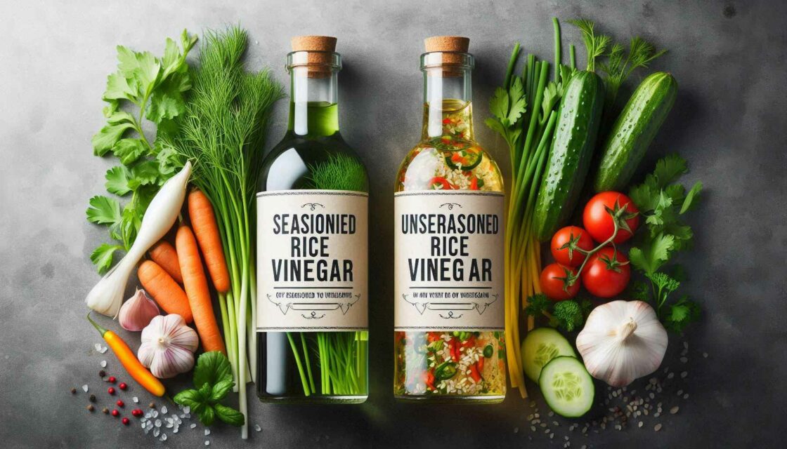 Bottles of seasoned vs unseasoned rice vinegar.