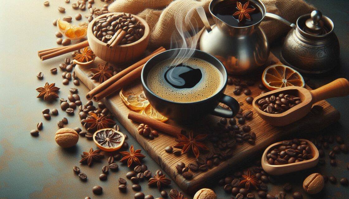 A warm cup of blonde roast coffee with coffee beans and cinnamon sticks around it