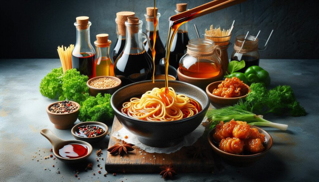 Bowl of noodles with liquid seasoning poured, surrounded by herbs, spices, and sauce bottles.