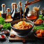 Bowl of noodles with liquid seasoning poured, surrounded by herbs, spices, and sauce bottles.