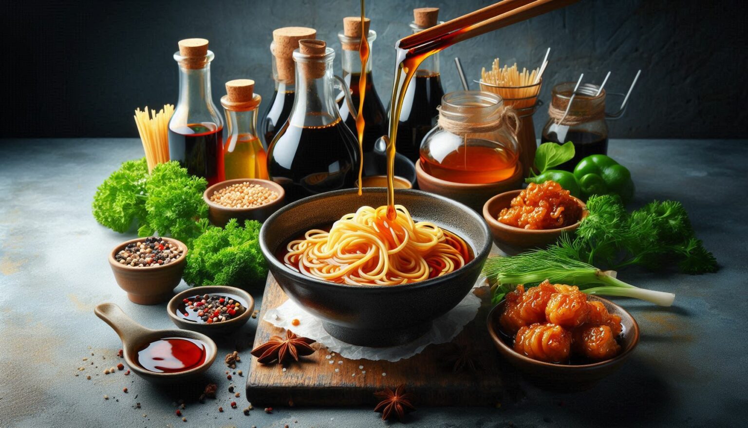 Bowl of noodles with liquid seasoning poured, surrounded by herbs, spices, and sauce bottles.